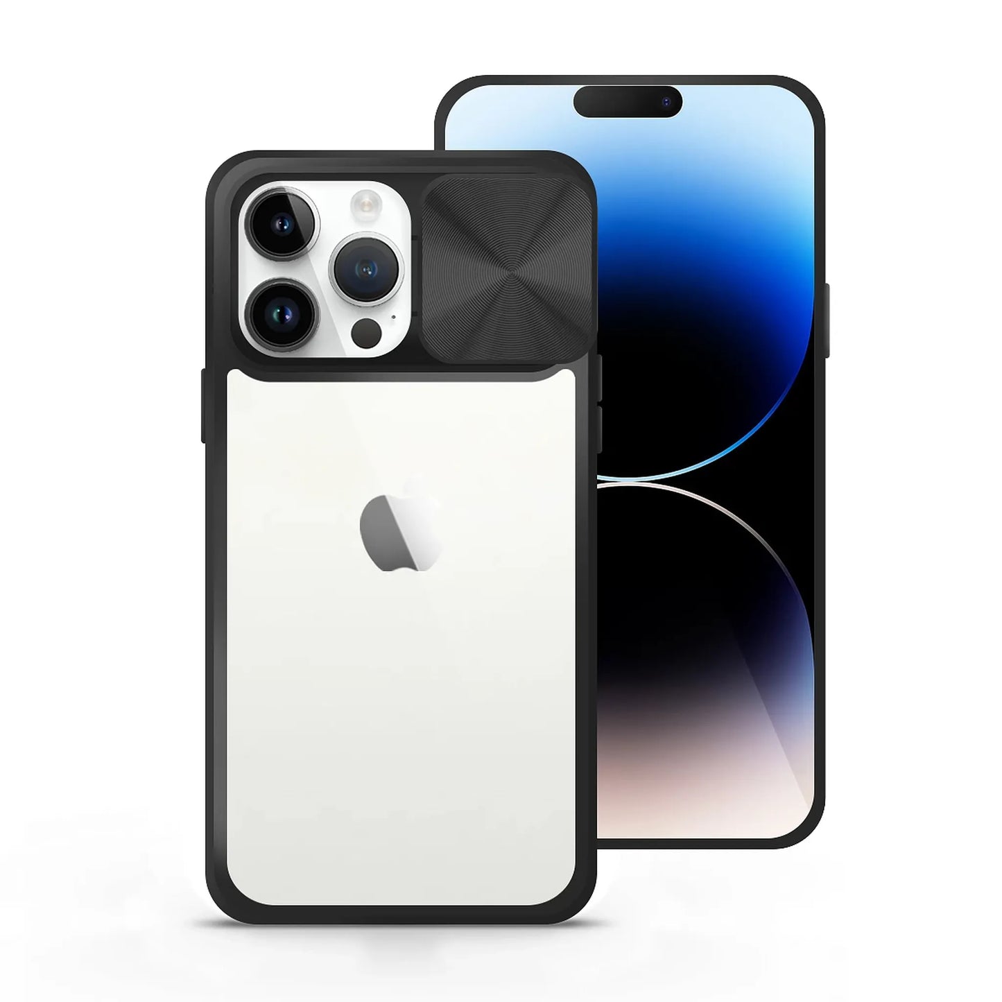 Премиум твърд калъф – IPhone –плъзгащ капак на камерата – прозрачен с черен цвят – защита със стил