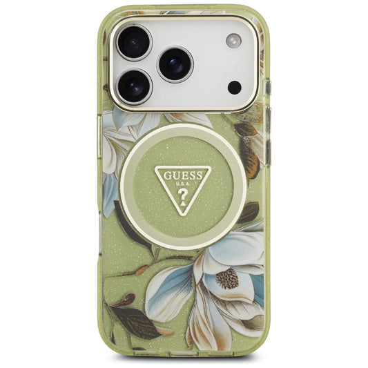 Калъф Guess Metal Glitter Flowers Triangle - MagSafe - iPhone 17 Pro - Зелен