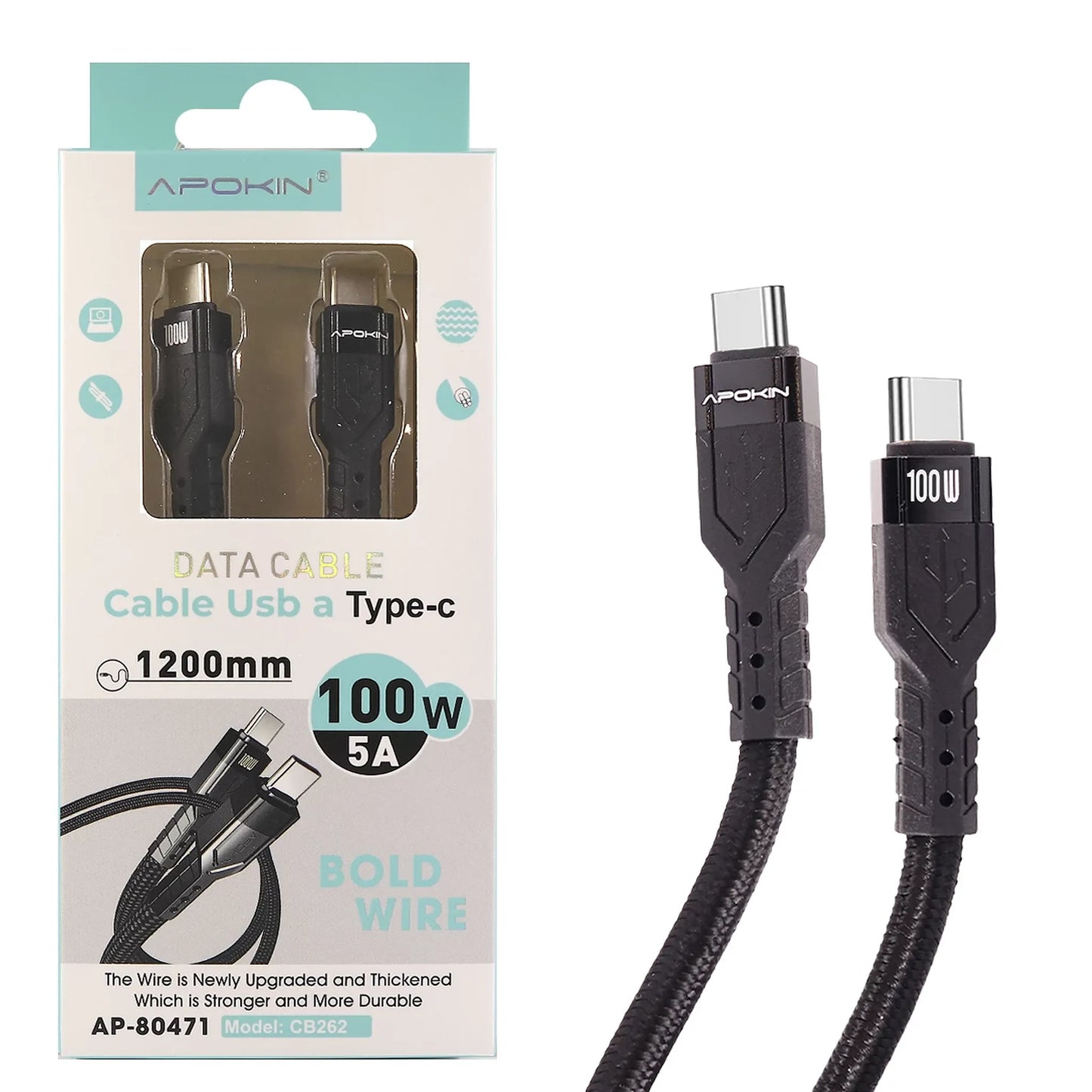 Оплетен кабел Type-C→Type-C– PD 1,2 метра 100W (5A)–Черен