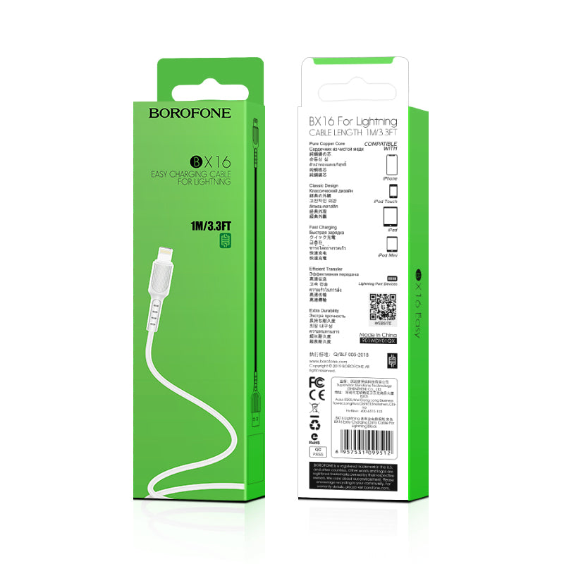 Borofone – Кабел BX16 Easy – USB → Lightning 2A – 1m. – Бял
