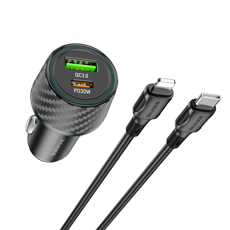 Borofone – Зарядно Авто BZ21 Brilliant USB + Type-C QC 3.0 PD 48W – Кабел Type-C na Lightning – Черен