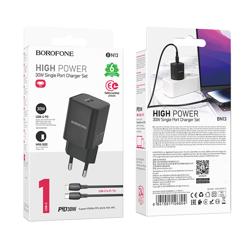 Borofone – Заряден адаптер –BN13 Safety GaN Type-C PD 30W – Кабел Type-C към Lightning – Черен