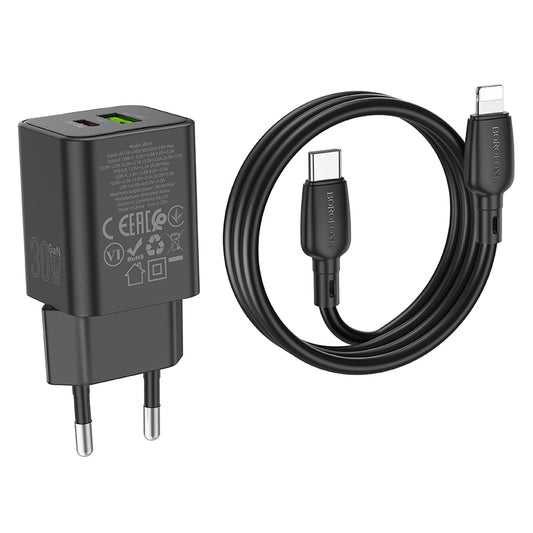 Borofone – Заряден адаптер – BN14 Royal – GaN USB + Type-C QC 3.0 PD 30W – Кабел Type-C към Lightning – Черен