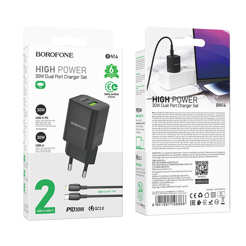 Borofone – Заряден адаптер – BN14 Royal – GaN USB + Type-C QC 3.0 PD 30W – Кабел Type-C към Lightning – Черен