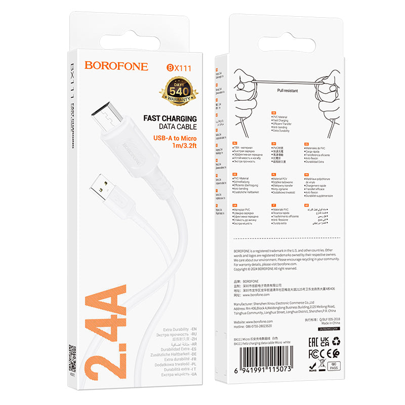 Borofone – Кабел BX111 Feliz USB → Micro USB 2,4A 1m. – Бял