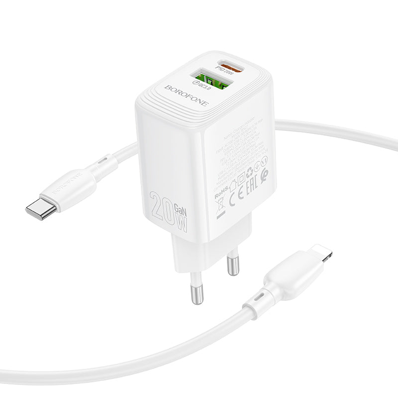 Borofone – Заряден адаптер – BN27 Fuente USB + Type-C QC 3.0 PD 20W – Кабел Type-C към Lightning – Бял