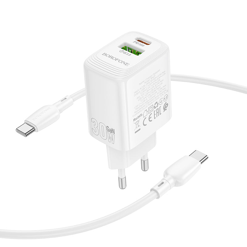 Borofone – Заряден адаптер – BN29 Fuente USB + Type-C QC 3.0 PD 30W – Кабел Type-C към Type-C – Бял