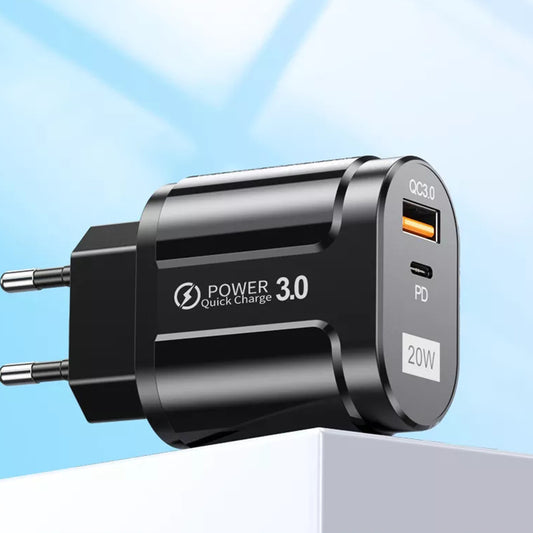 Techsuit - Wall Charger Premium (CHPD038) - USB-A, QC 3.0, USB-C, 20W - Black