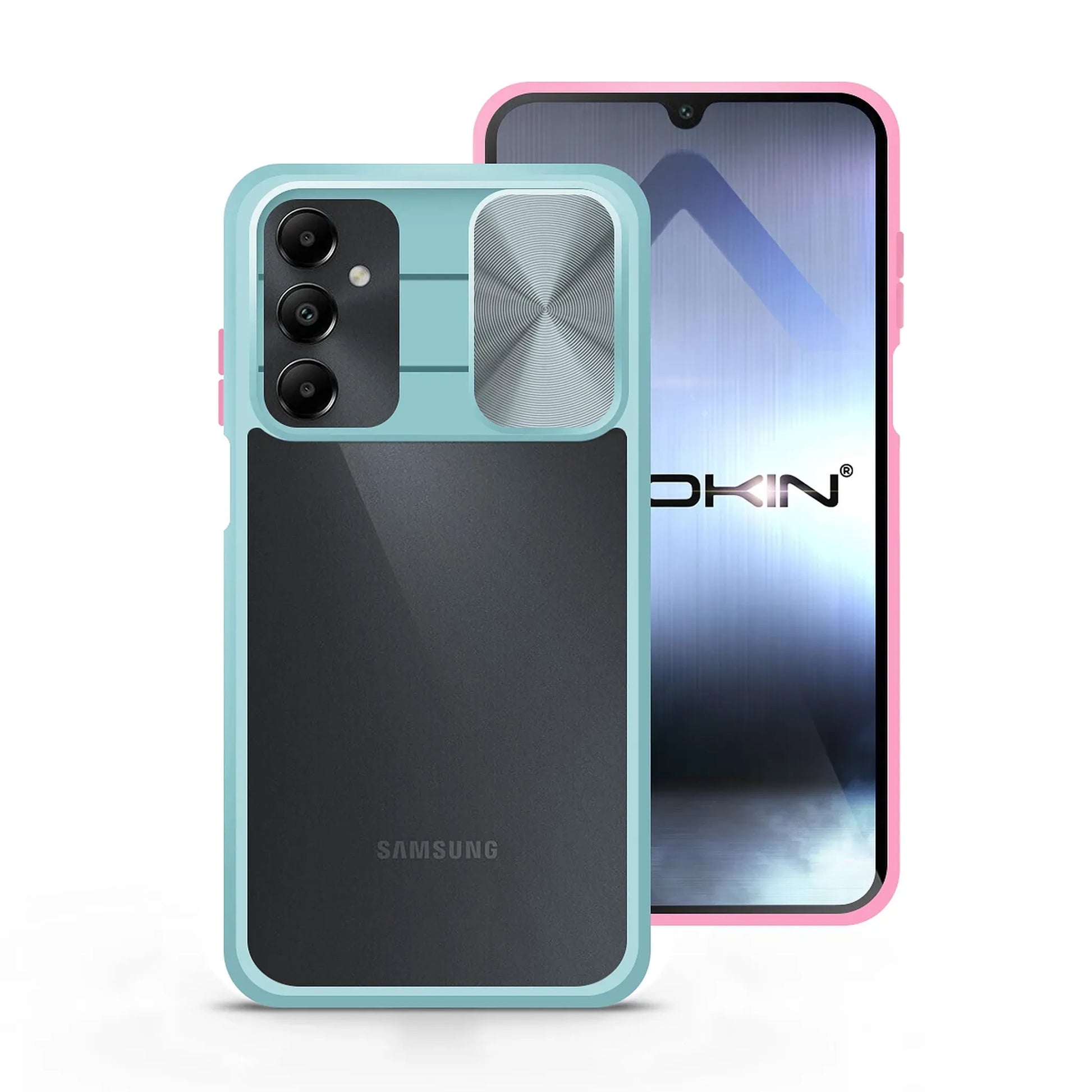 Премиум твърд калъф – плъзгащ капак на камерата – прозрачен с тзркоазен цвят – защита със стил