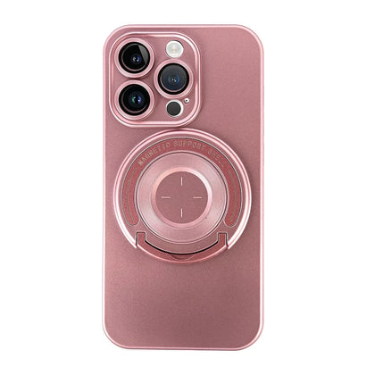 Метализиран силиконов калъф ринг съпорт–iPhone 14 Pro Max–Розов