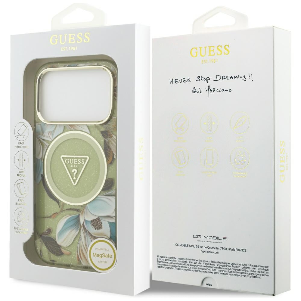 Калъф Guess Metal Glitter Flowers Triangle - MagSafe - iPhone 17 Pro - Зелен