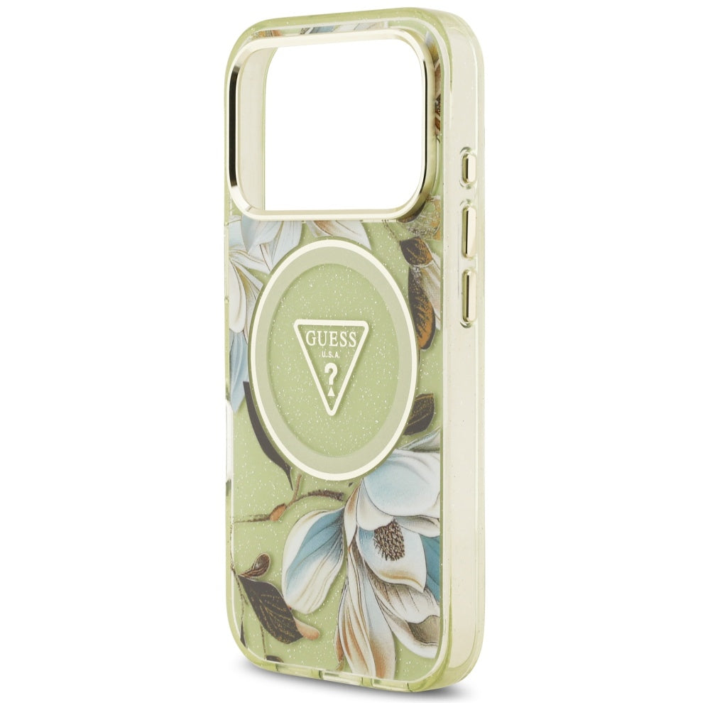Калъф Guess Metal Glitter Flowers Triangle - MagSafe - iPhone 17 Pro - Зелен