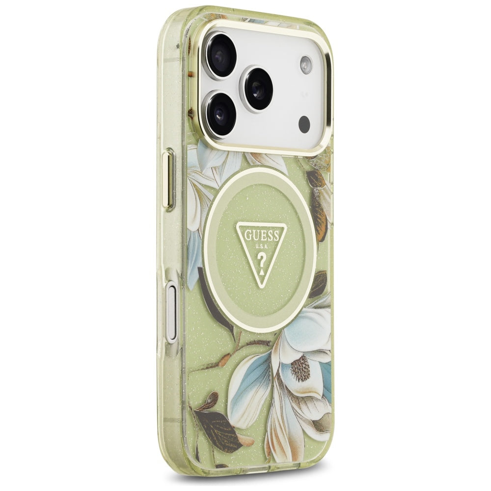 Калъф Guess Metal Glitter Flowers Triangle - MagSafe - iPhone 17 Pro - Зелен