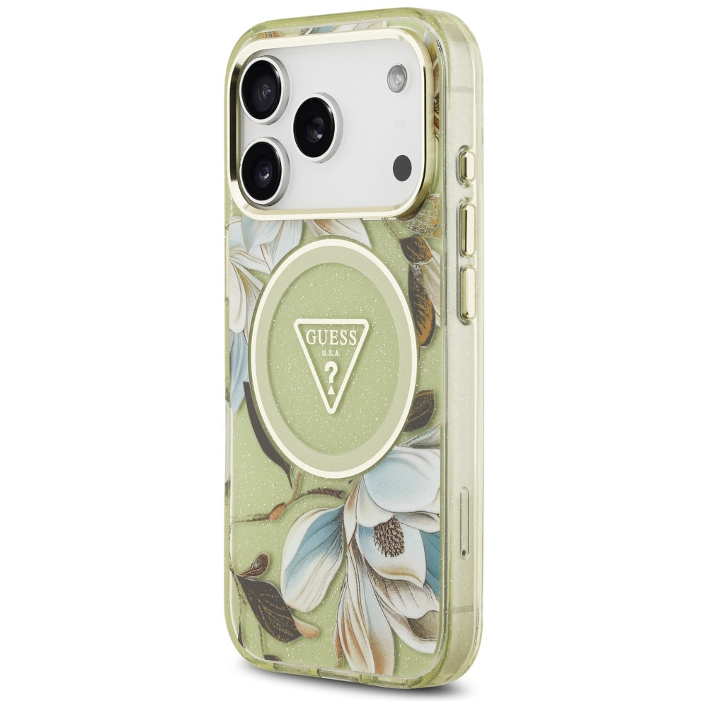 Калъф Guess Metal Glitter Flowers Triangle - MagSafe - iPhone 17 Pro - Зелен
