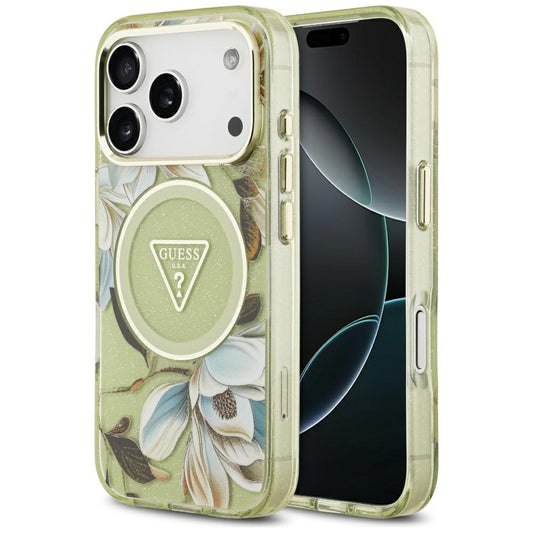 Калъф Guess Metal Glitter Flowers Triangle - MagSafe - iPhone 17 Pro - Зелен