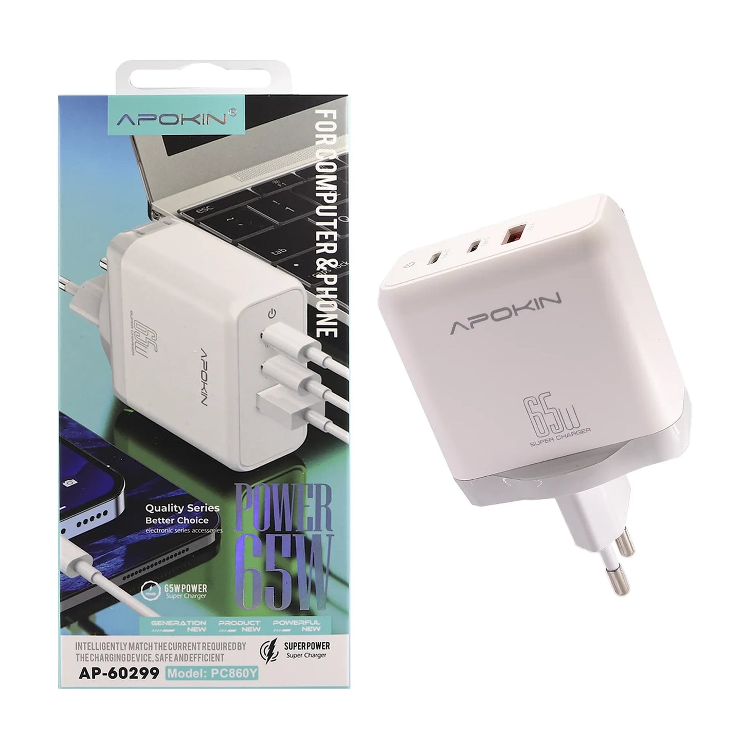 Супер ултра бързо зарядно устройство – 65w 2 Type-C 1 USB – Apokin PC806Y