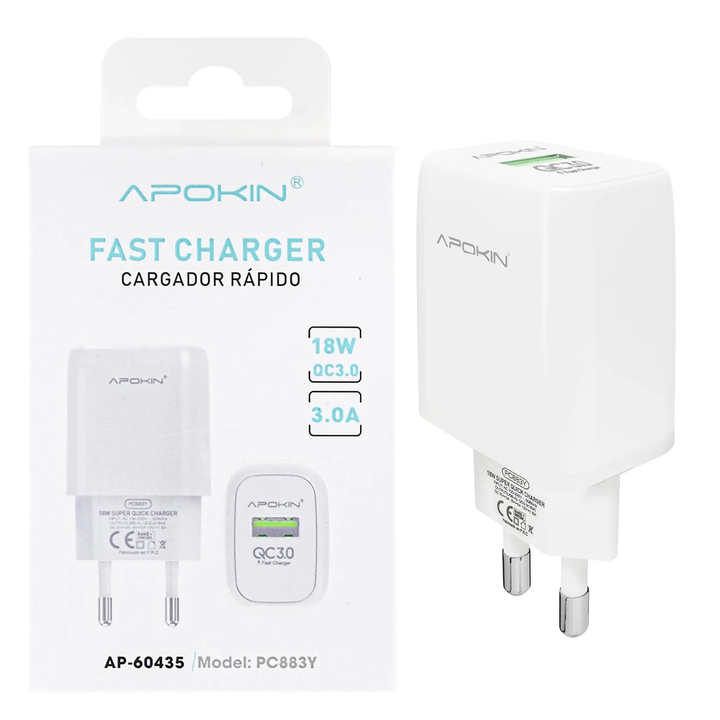 USB-A Зарядно 18W/3.0A- PC883Y –APOKIN – Бялo