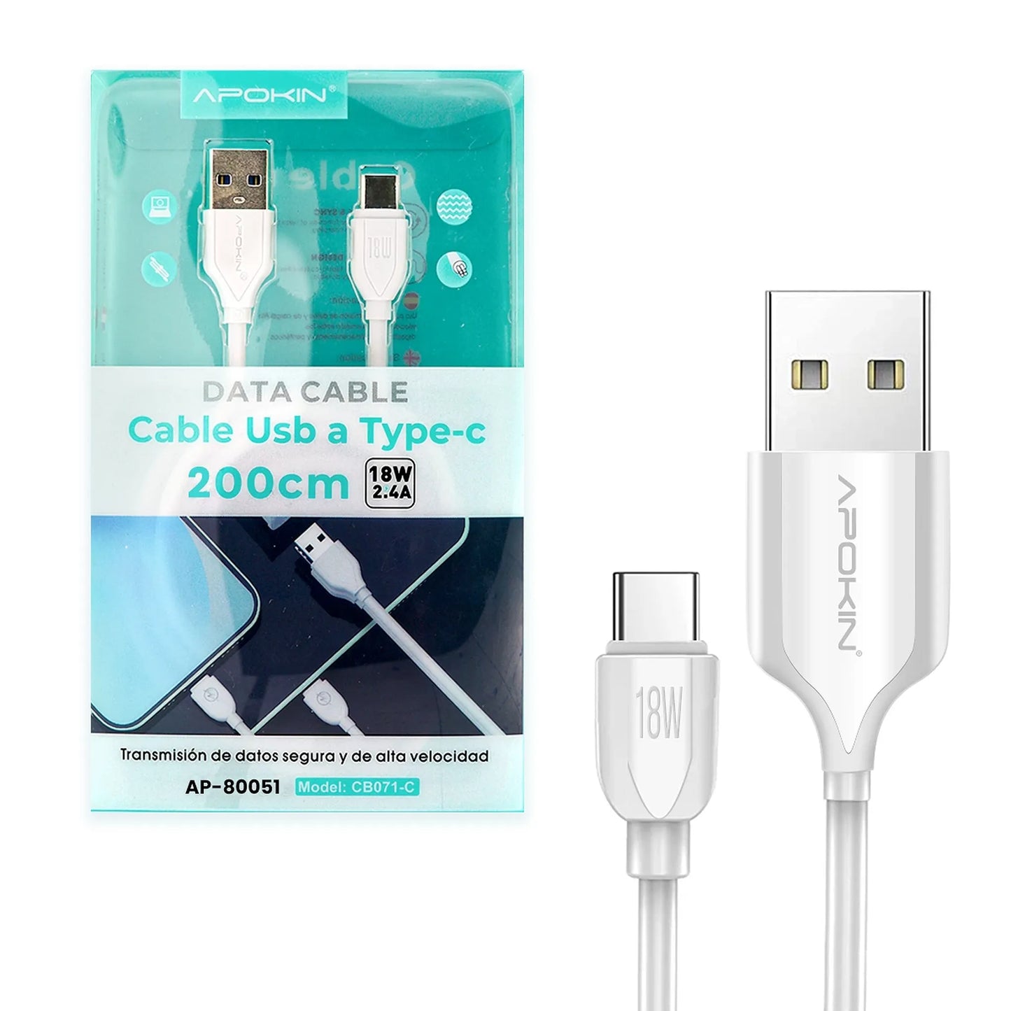 Кабел за данни и бързо зреждане– USB-A (18W/2.4А) → Type-C (2m.)–Бяло
