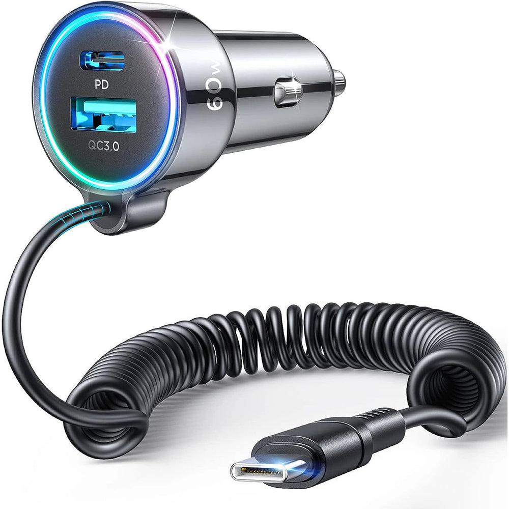 JoyRoom - Зарядно за кола–3x USB, Type-C, RGB Lights, Fast Charging, 60W, с кабел Type-C 1.6m–Черно