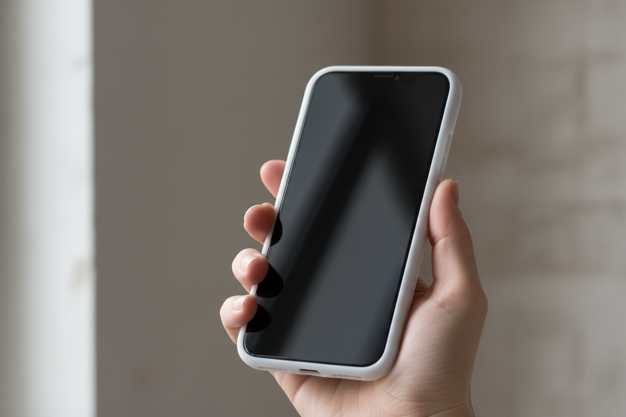 A close-up of a hand holding a smartphone with a thin protective case, natural lighting, soft shadows, premium minimal aesthetic, realistic, no branding
