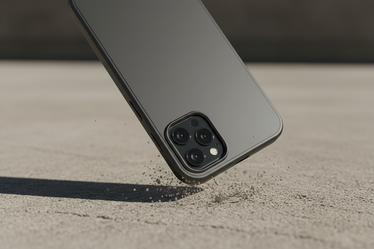 A smartphone in a protective case falling onto concrete, realistic lighting, premium look, shallow depth of field, dramatic but clean, no text, no branding, minimal, Apple-style product shot