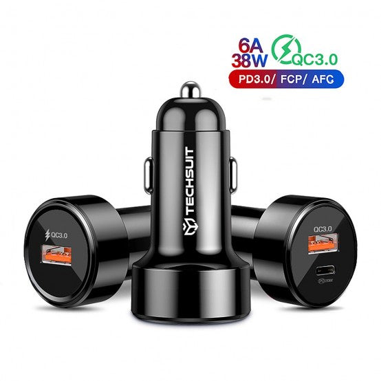 Techsuit - Car Charger Premium (CAPD028) - USB-A, QC 3.0, USB-C, 38W - Черно