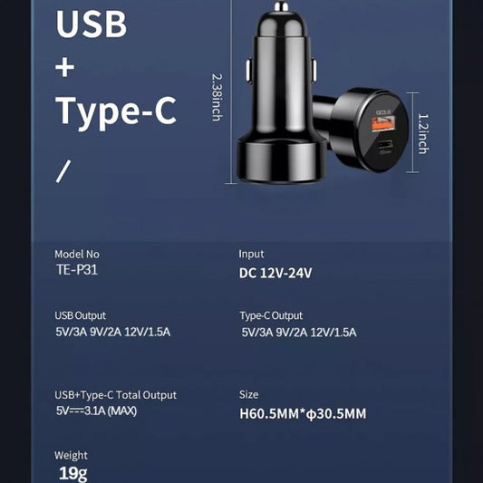Techsuit - Car Charger Premium (CAPD028) - USB-A, QC 3.0, USB-C, 38W - Черно
