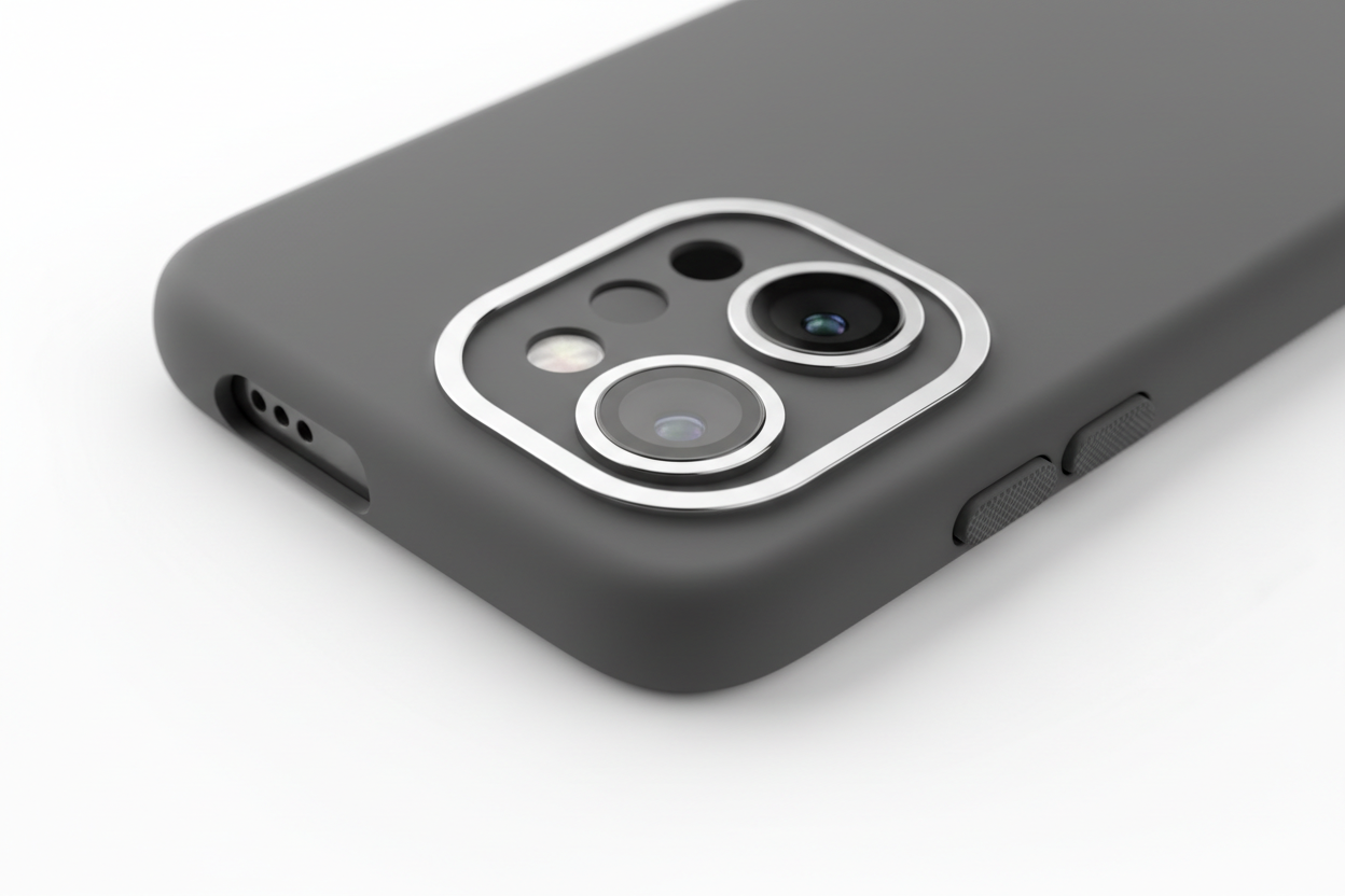 Close-up macro shot of a smartphone case showing precise cutouts for camera and buttons, premium lighting, clean background, product photography style