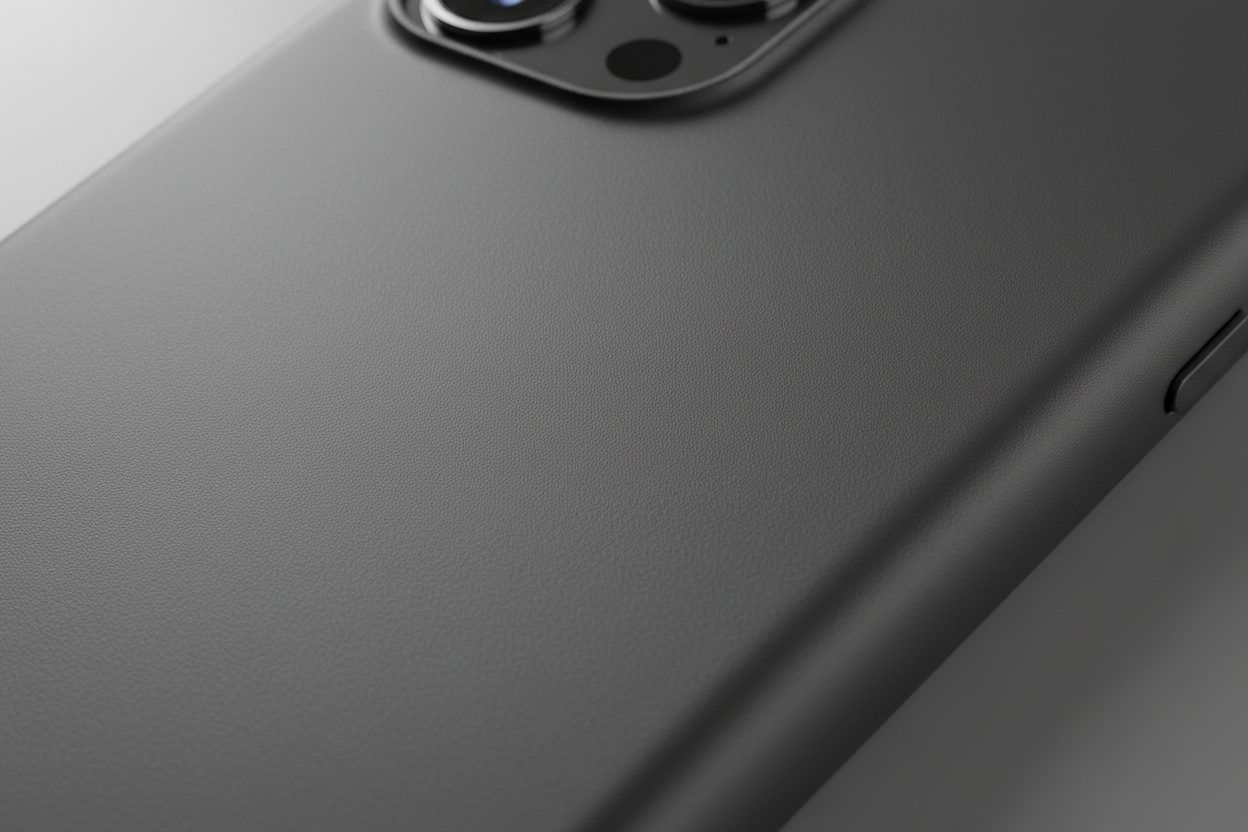 Close-up of premium phone case materials, soft-touch texture, matte finish, subtle light reflections, macro photography, clean modern aesthetic