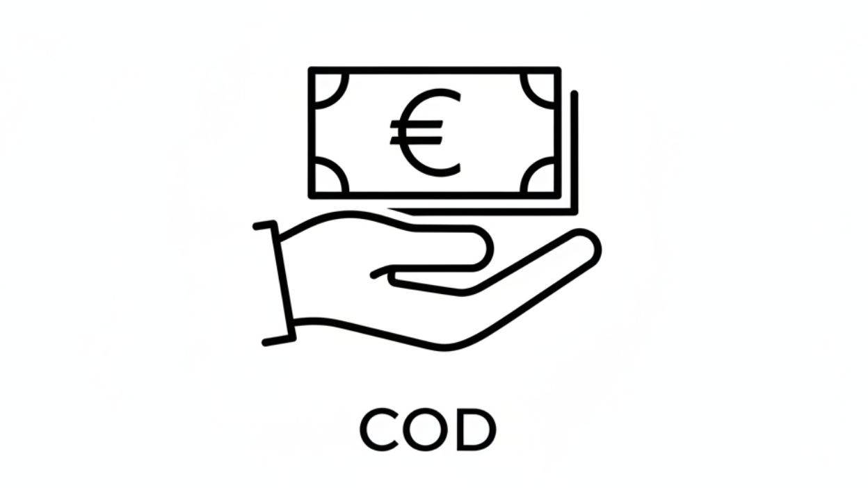 Генерирай икона за COD с €. Банкноти,Ръка и надпос отдолу COD .Рaзмер 1024х576 тип SVG за колоната .Визуален стил
	•	Цвят: #000000 / #FFFFFF
	•	Stroke: тънък (1.5–2px)
	•	Без сенки
	•	Без градиенти
	•	Без цветове
	•	Без анимации (освен лек hover)