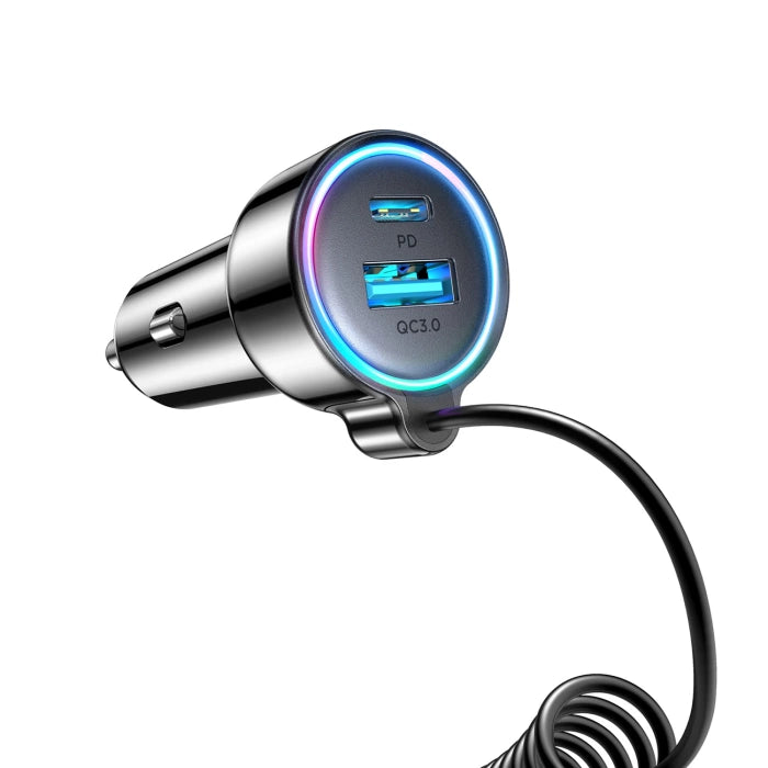 JoyRoom - Зарядно за кола–3x USB, Type-C, RGB Lights, Fast Charging, 60W, с кабел Type-C 1.6m–Черно