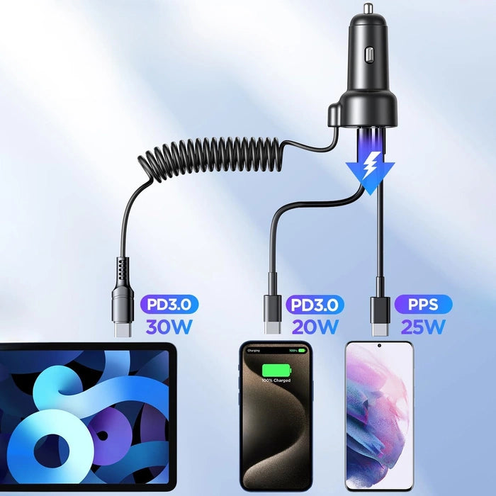 JoyRoom - Зарядно за кола–3x USB, Type-C, RGB Lights, Fast Charging, 60W, с кабел Type-C 1.6m–Черно