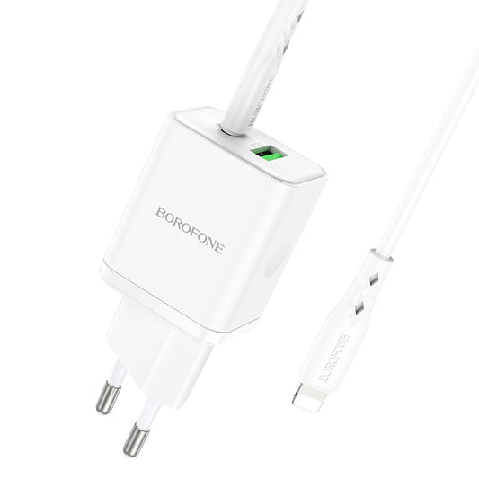 Borofone – Заряден адаптер – BN7 USB + Type-C QC 3.0 PD 20W – Кабел Type-C na Lightning – Бял