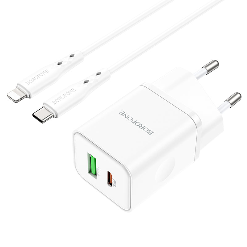 Borofone – Заряден адаптер –  BN7 USB + Type-C QC 3.0 PD 20W – Кабел Type-C na Lightning – Бял