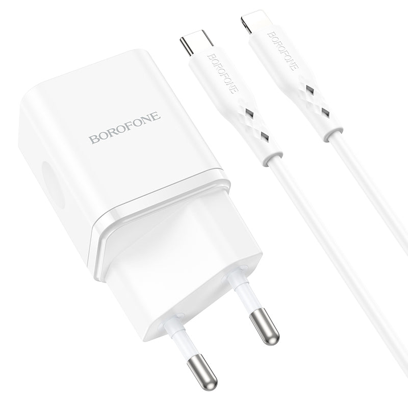 Borofone – Заряден адаптер –  BN7 USB + Type-C QC 3.0 PD 20W – Кабел Type-C na Lightning – Бял