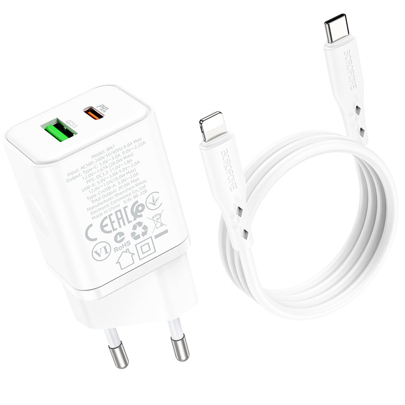 Borofone – Заряден адаптер –  BN7 USB + Type-C QC 3.0 PD 20W – Кабел Type-C na Lightning – Бял