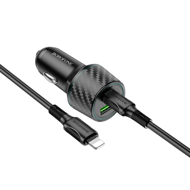 Borofone – Зарядно Авто BZ21 Brilliant USB + Type-C QC 3.0 PD 48W – Кабел Type-C na Lightning – Черен