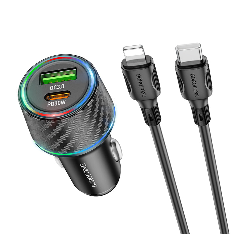 Borofone – Зарядно Авто BZ21 Brilliant USB + Type-C QC 3.0 PD 48W – Кабел Type-C na Lightning – Черен