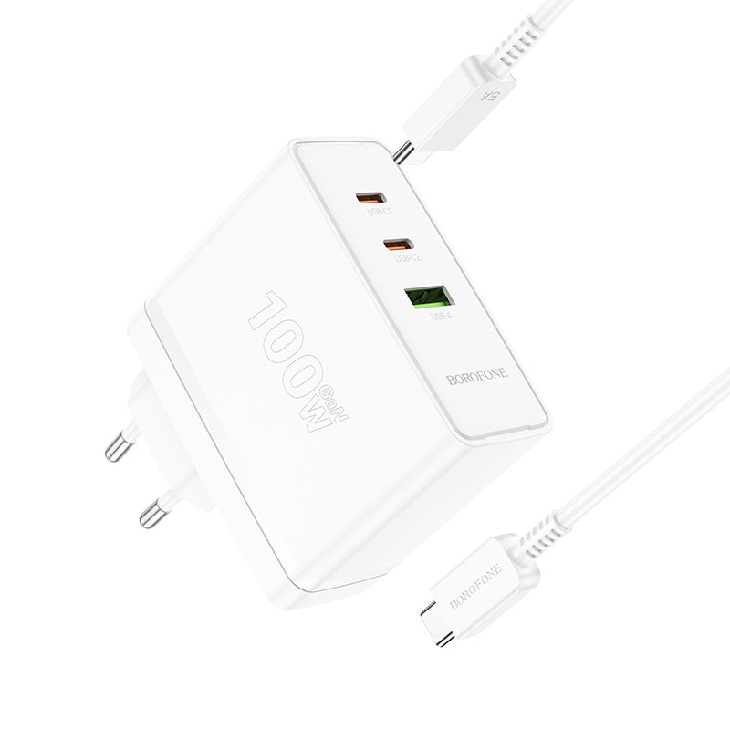 Borofone – Заряден адаптер – BN11 Imperial USB + 2xType-C QC 3.0 PD 100W – Кабел Type-C към Type-C – Бял