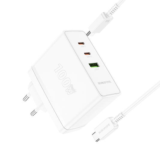 Borofone – Заряден адаптер – BN11 Imperial USB + 2xType-C QC 3.0 PD 100W – Кабел Type-C към Type-C – Бял