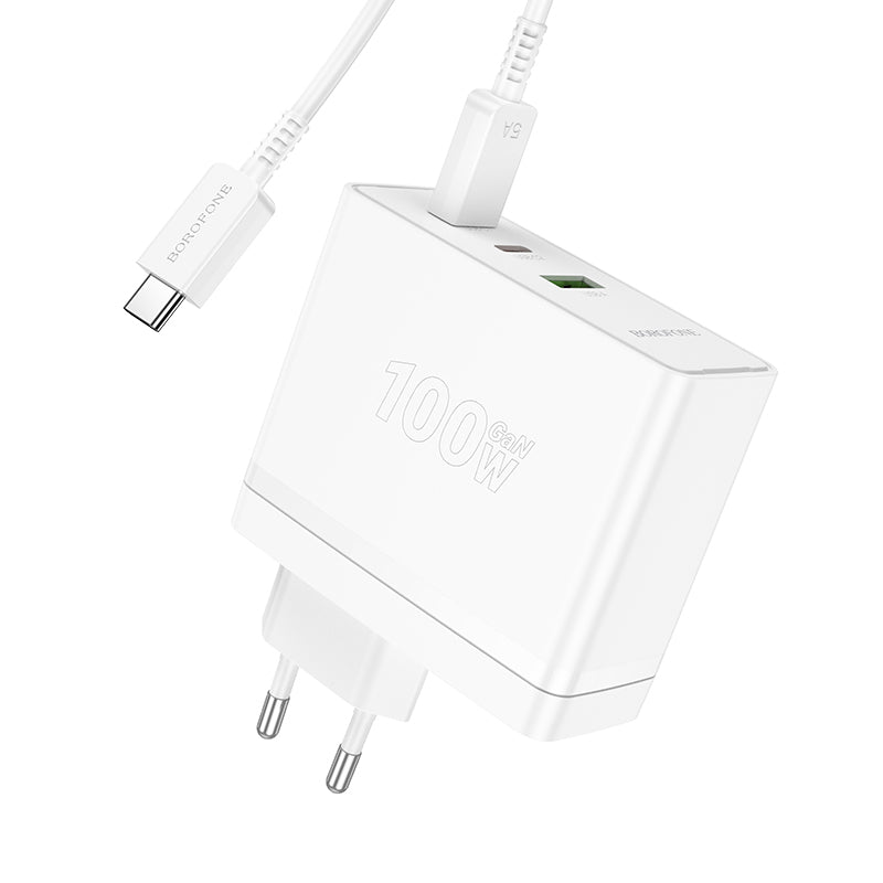 Borofone – Заряден адаптер – BN11 Imperial USB + 2xType-C QC 3.0 PD 100W – Кабел Type-C към Type-C – Бял