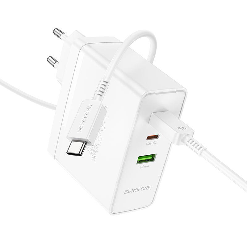 Borofone – Заряден адаптер – BN11 Imperial USB + 2xType-C QC 3.0 PD 100W – Кабел Type-C към Type-C – Бял