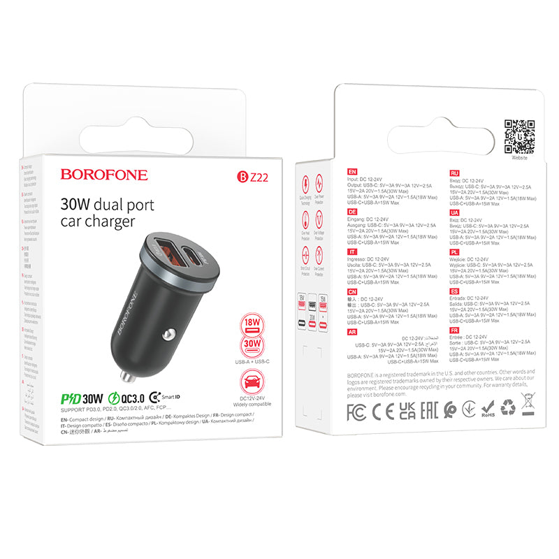 Borofone – Зарядно Авто BZ22 Scenery USB + Type-C QC 3.0 PD 30W – Черен