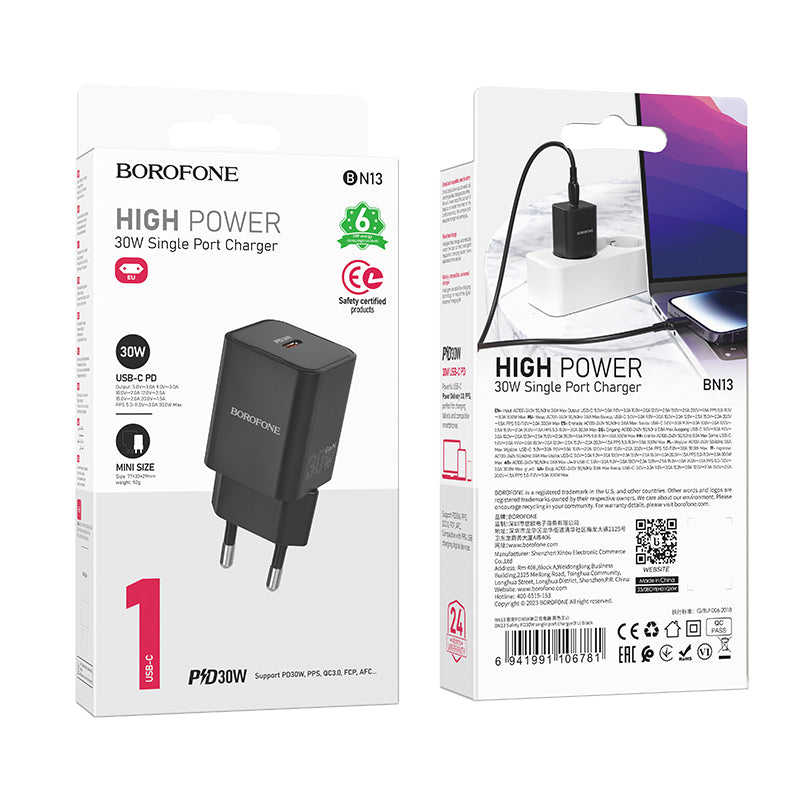 Borofone – Заряден адаптер –  BN13 Safety – GaN Type-C PD 30W – Черен