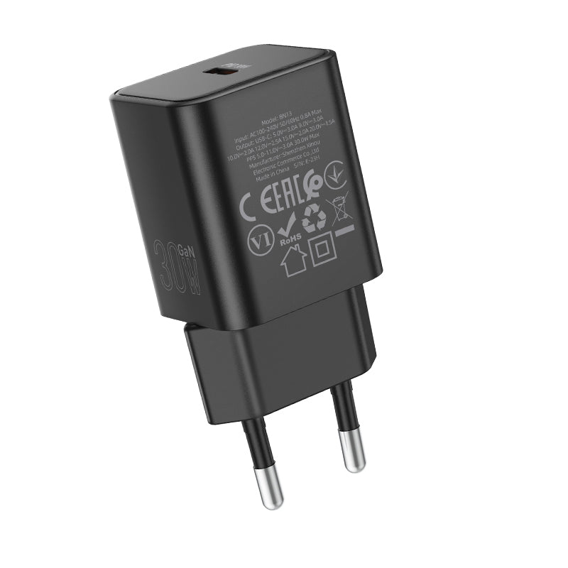 Borofone – Заряден адаптер –  BN13 Safety – GaN Type-C PD 30W – Черен