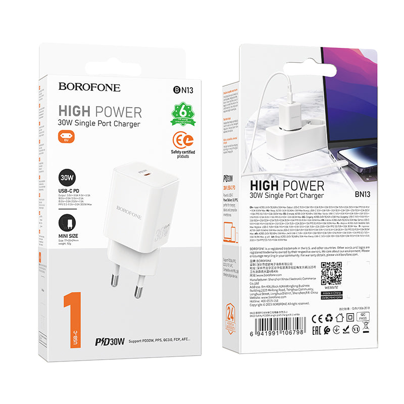 Borofone – Заряден адаптер – BN13 Safety – GaN Type-C PD 30W – Бял