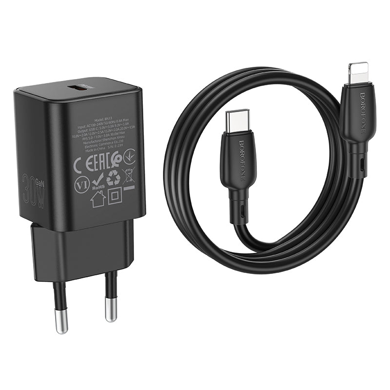 Borofone – Заряден адаптер –BN13 Safety GaN Type-C PD 30W – Кабел Type-C към Lightning – Черен