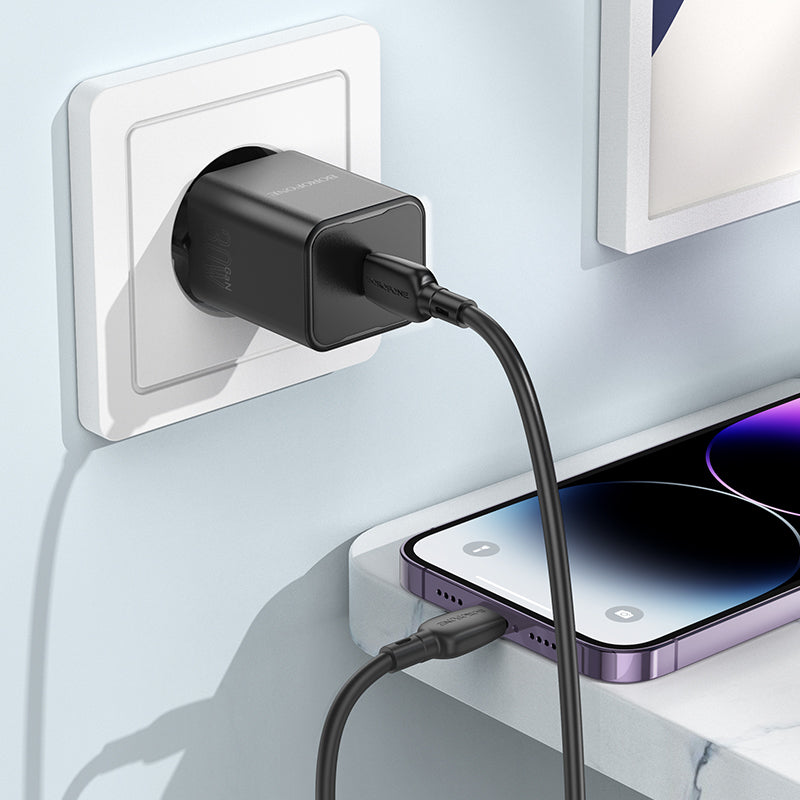 Borofone – Заряден адаптер –BN13 Safety GaN Type-C PD 30W – Кабел Type-C към Lightning – Черен
