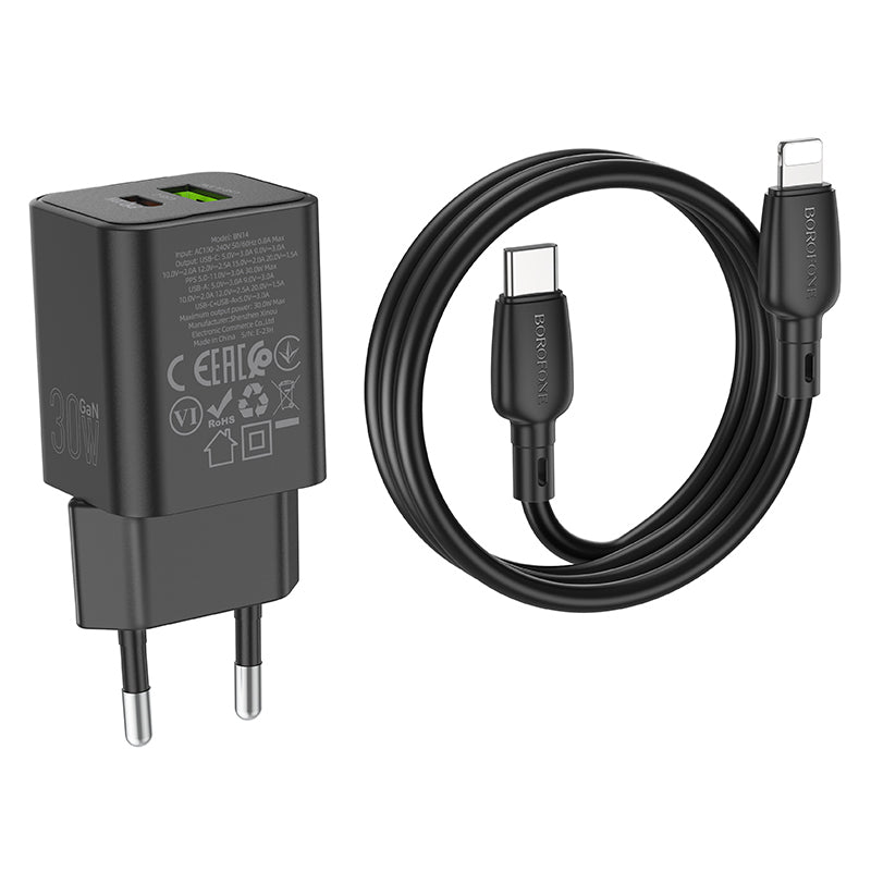 Borofone – Заряден адаптер – BN14 Royal – GaN USB + Type-C QC 3.0 PD 30W – Кабел Type-C към Lightning – Черен