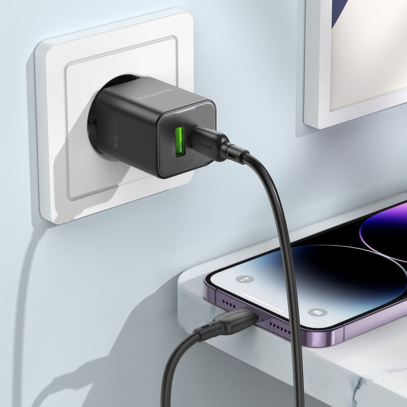 Borofone – Заряден адаптер – BN14 Royal – GaN USB + Type-C QC 3.0 PD 30W – Кабел Type-C към Lightning – Черен